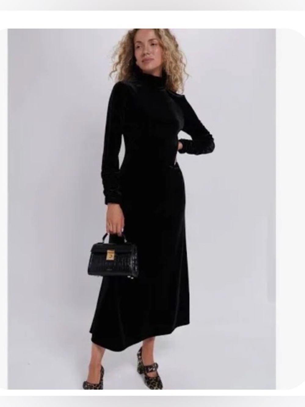 POMANDER PLACE S Suze black high neck Ruche sleeve maxi Brushed velvet dress LBD